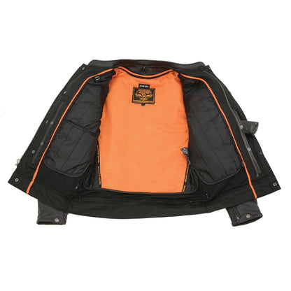 Men's 'Cool-Tec' Black Real Leather Scooter Style Motorcycle Jacket with Utility Pockets
