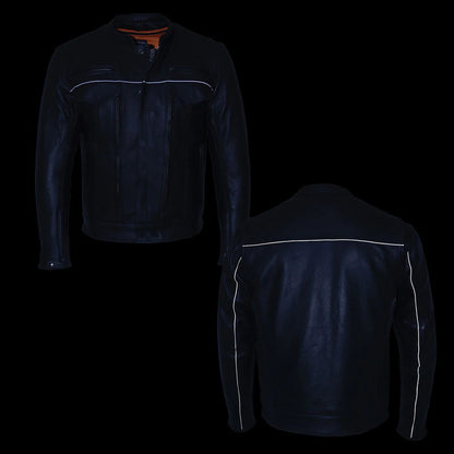 Men's 'Cool-Tec' Black Real Leather Scooter Style Motorcycle Jacket with Utility Pockets