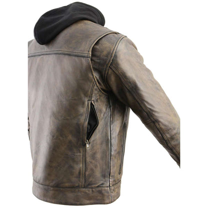 Men's Distressed Brown Leather ‘Utility Pocket’ Vented Jacket with Removable Hoodie