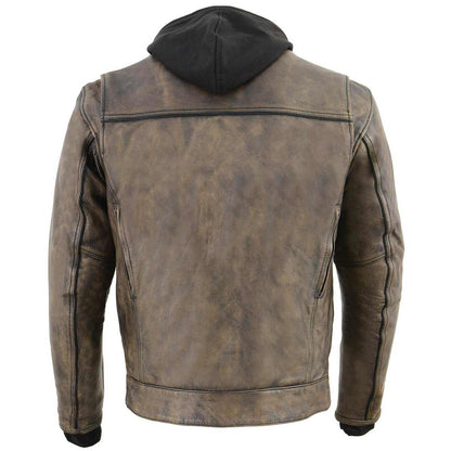 Men's Distressed Brown Leather ‘Utility Pocket’ Vented Jacket with Removable Hoodie