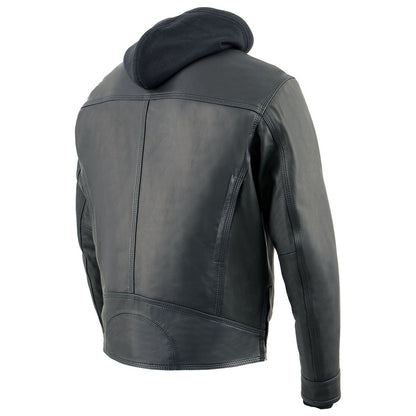 Men's Black Leather ‘Utility Pocket’ Vented Jacket with Removable Hoodie