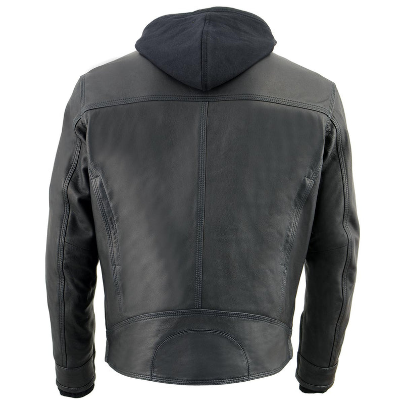 Men's Black Leather ‘Utility Pocket’ Vented Jacket with Removable Hoodie