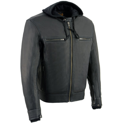 Men's Black Leather ‘Utility Pocket’ Vented Jacket with Removable Hoodie