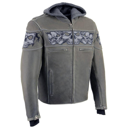 Men's Distressed Grey Leather Jacket with Reflective Skulls