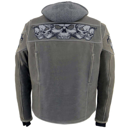 Men's Distressed Grey Leather Jacket with Reflective Skulls