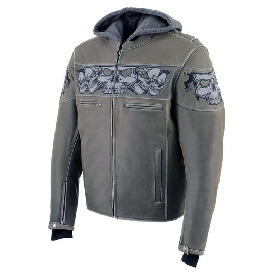 Men's Distressed Grey Leather Jacket with Reflective Skulls