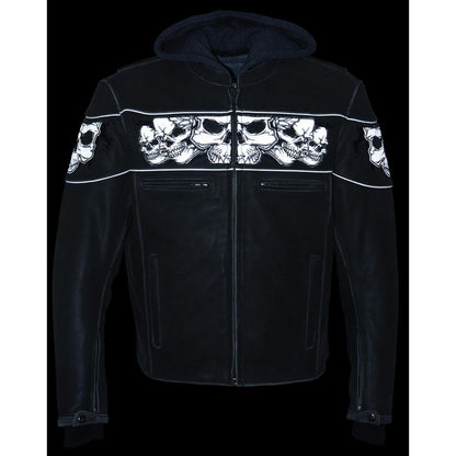 Men's Distressed Grey Leather Jacket with Reflective Skulls