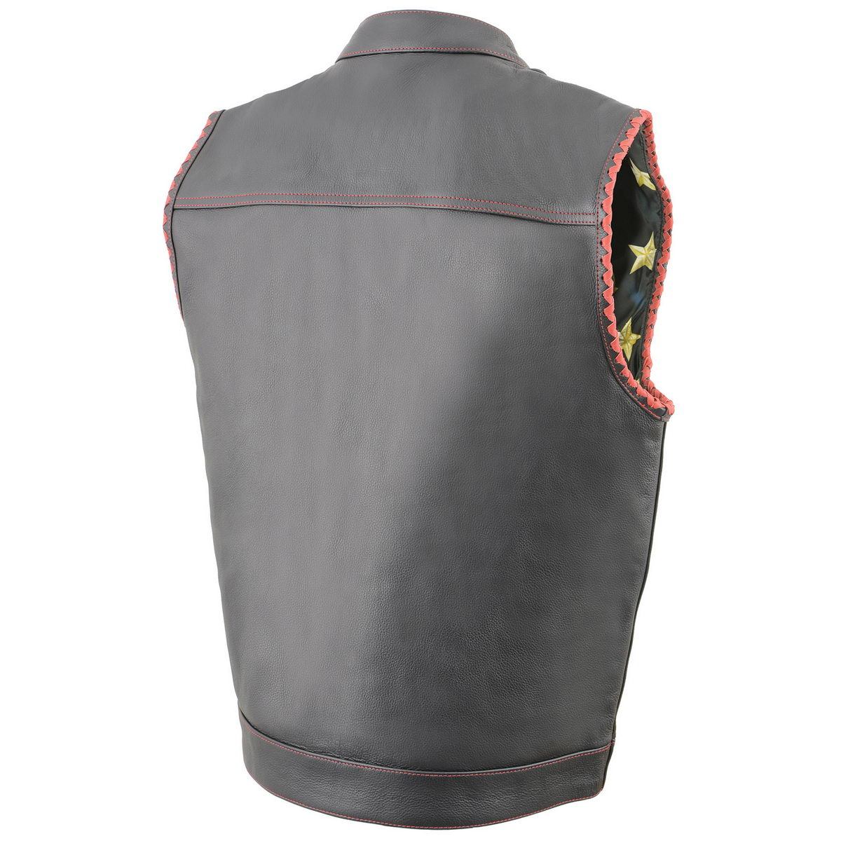 Men’s ‘Old Glory’ Black Leather with Red Stitching Vest and Laced Arm Holes
