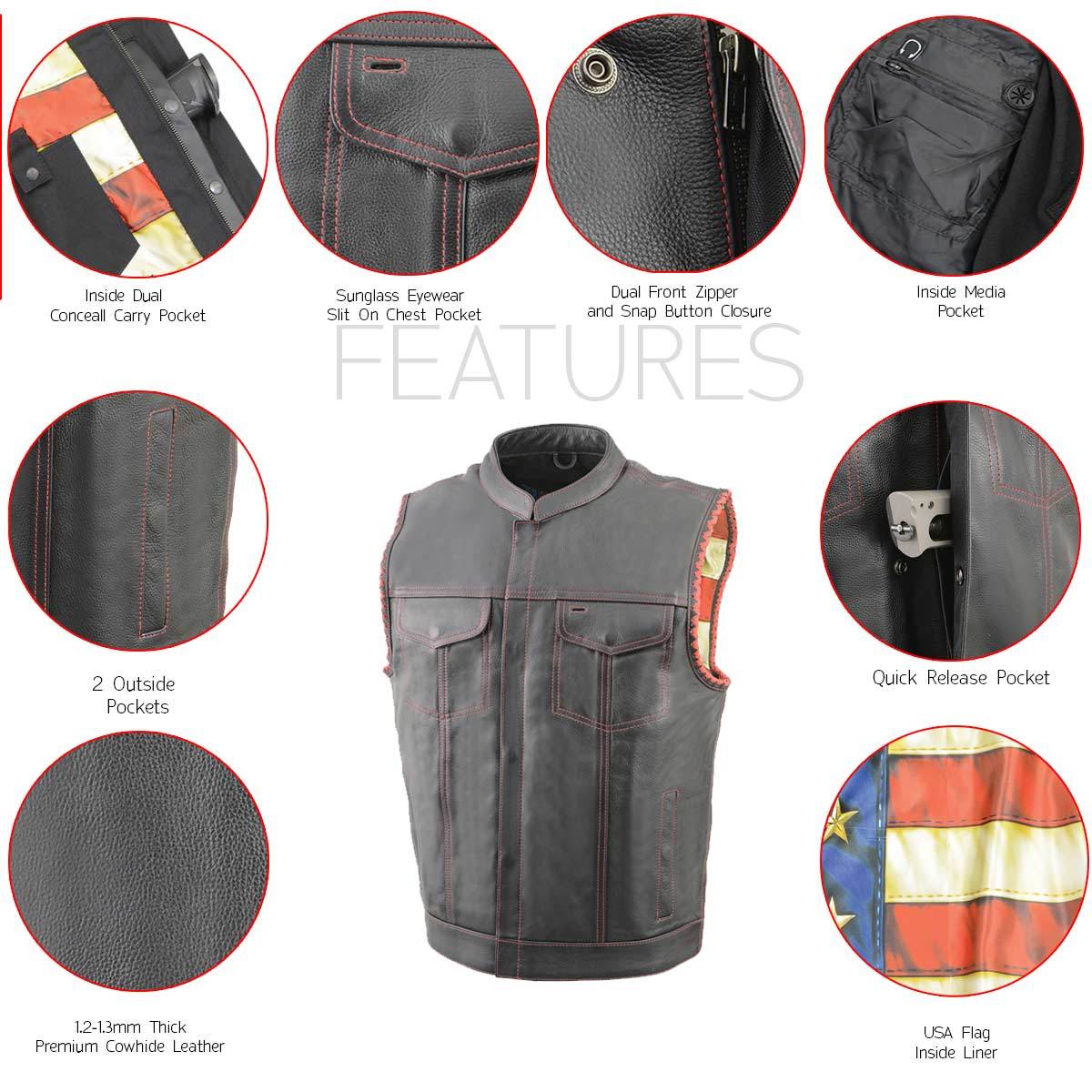 Men’s ‘Old Glory’ Black Leather with Red Stitching Vest and Laced Arm Holes