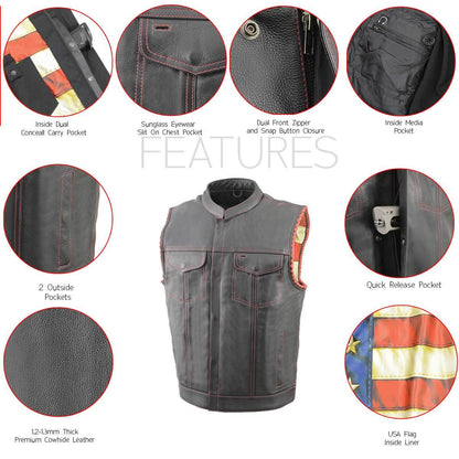 Men’s ‘Old Glory’ Black Leather with Red Stitching Vest and Laced Arm Holes
