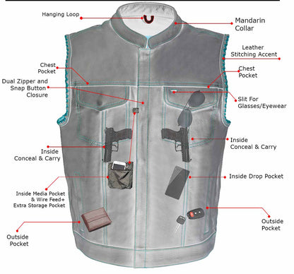 Men’s ‘Old Glory’ Black Leather with Grey Stitching Vest and Laced Arm Holes
