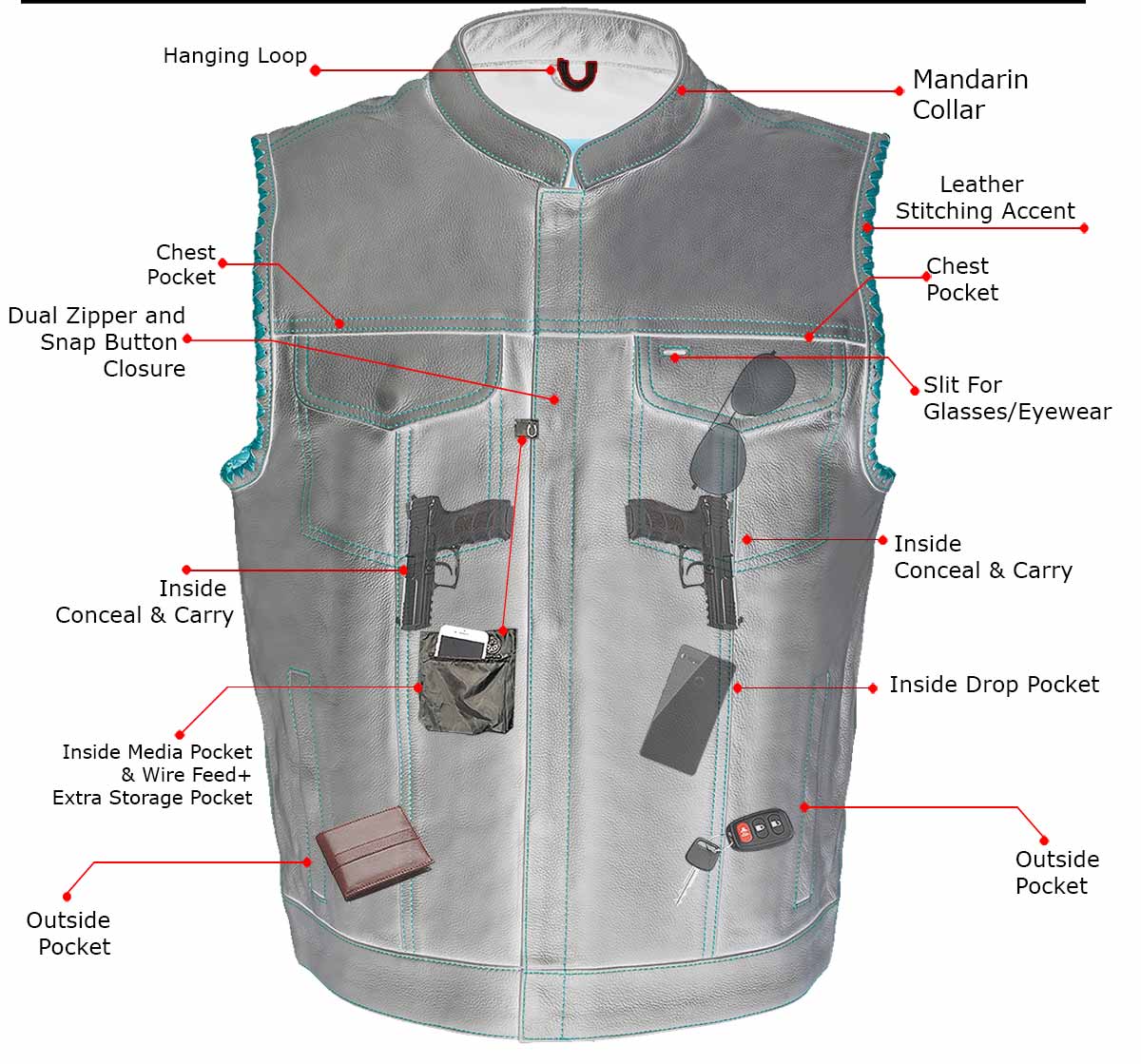 Men’s ‘Old Glory’ Black Leather with Red Stitching Vest and Laced Arm Holes