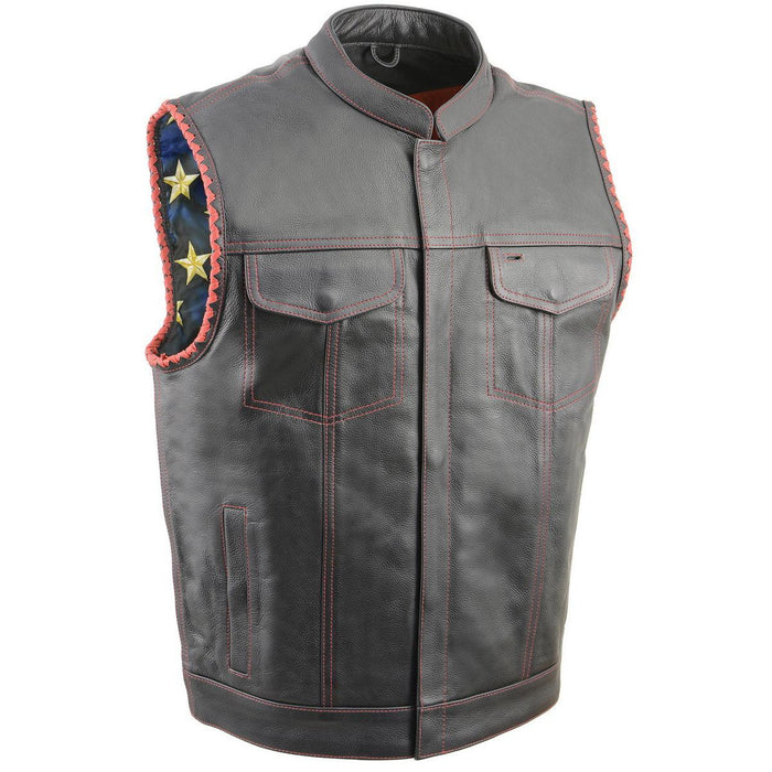 Men’s ‘Old Glory’ Black Leather with Red Stitching Vest and Laced Arm Holes