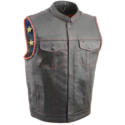 Men’s ‘Old Glory’ Black Leather with Red Stitching Vest and Laced Arm Holes