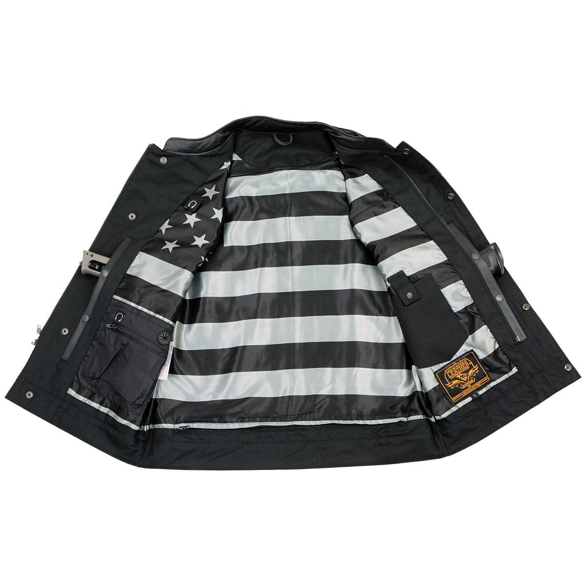 Men’s ‘Old Glory’ Black Leather with Grey Stitching Vest and Laced Arm Holes