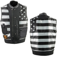 Men’s ‘Old Glory’ Black Leather with Grey Stitching Vest and Laced Arm Holes