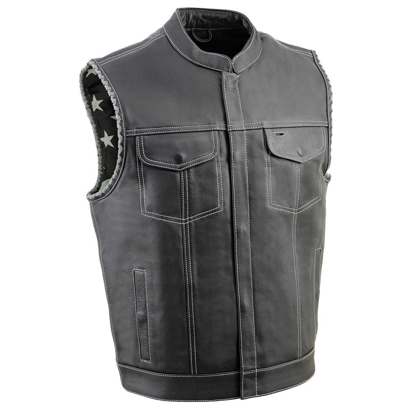 Men’s ‘Old Glory’ Black Leather with Grey Stitching Vest and Laced Arm Holes