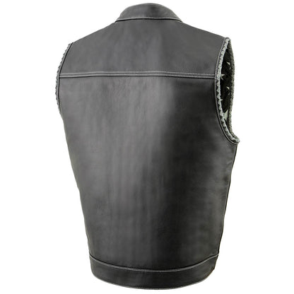 Men’s ‘Old Glory’ Black Leather with Grey Stitching Vest and Laced Arm Holes