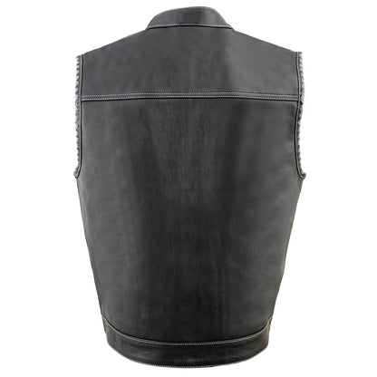 Men’s ‘Old Glory’ Black Leather with Grey Stitching Vest and Laced Arm Holes