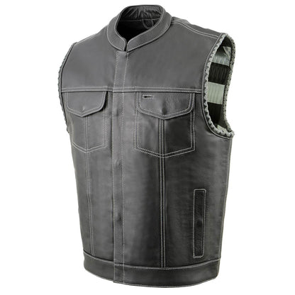 Men’s ‘Old Glory’ Black Leather with Grey Stitching Vest and Laced Arm Holes