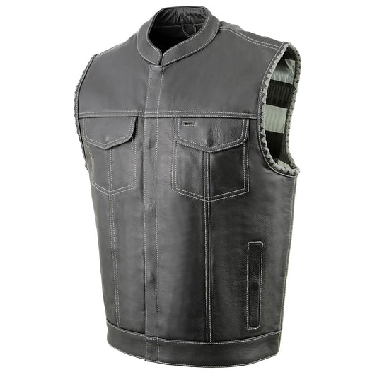 Men’s ‘Old Glory’ Black Leather with Grey Stitching Vest and Laced Arm Holes