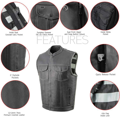 Men’s ‘Old Glory’ Black Leather with Grey Stitching Vest and Laced Arm Holes