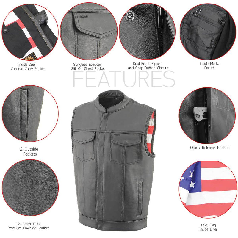 Men’s ‘Old Glory’ Black Leather Vest with Laced Arm Holes