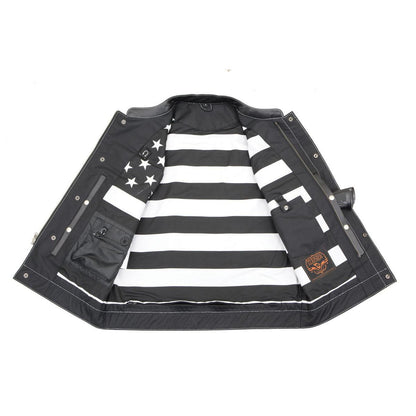 Men’s ‘Old Glory’ Black Leather Vest with White Stitching and Laced Arm Holes