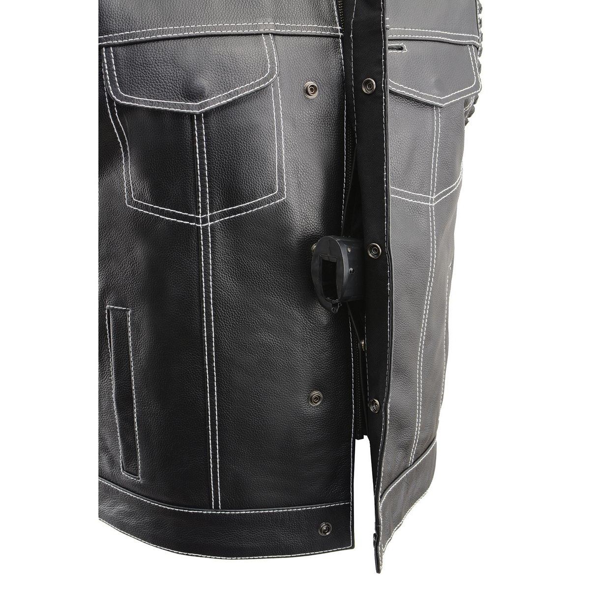 Men’s ‘Old Glory’ Black Leather Vest with White Stitching and Laced Arm Holes