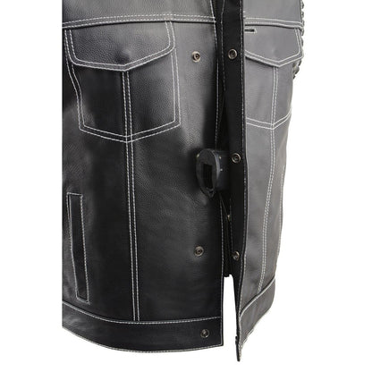 Men’s ‘Old Glory’ Black Leather Vest with White Stitching and Laced Arm Holes