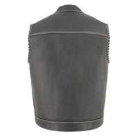 Men’s ‘Old Glory’ Black Leather Vest with White Stitching and Laced Arm Holes