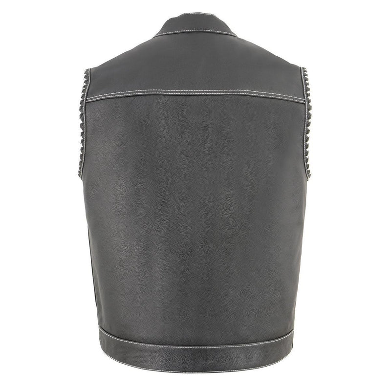 Men’s ‘Old Glory’ Black Leather Vest with White Stitching and Laced Arm Holes