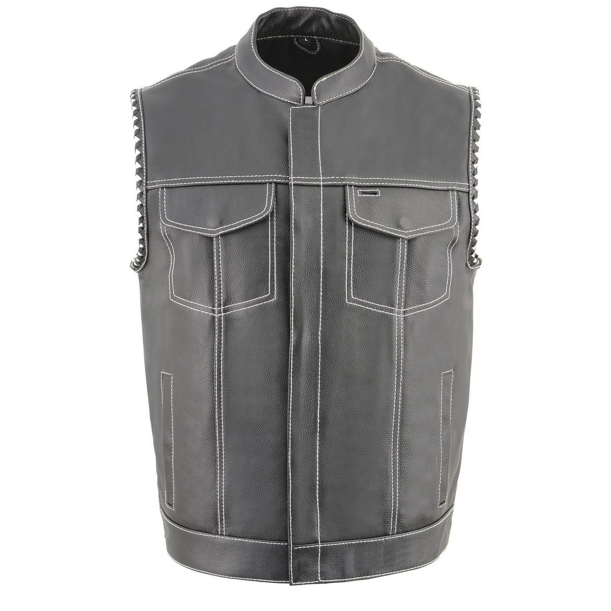 Men’s ‘Old Glory’ Black Leather Vest with White Stitching and Laced Arm Holes