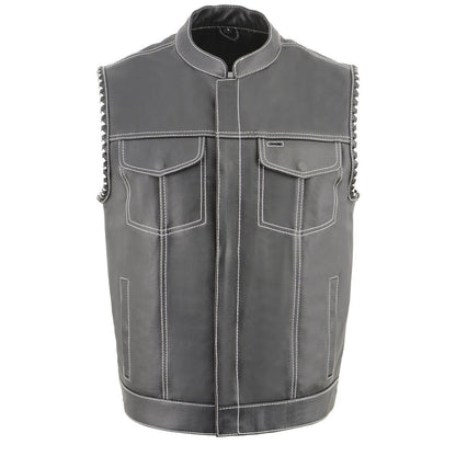 Men’s ‘Old Glory’ Black Leather Vest with White Stitching and Laced Arm Holes