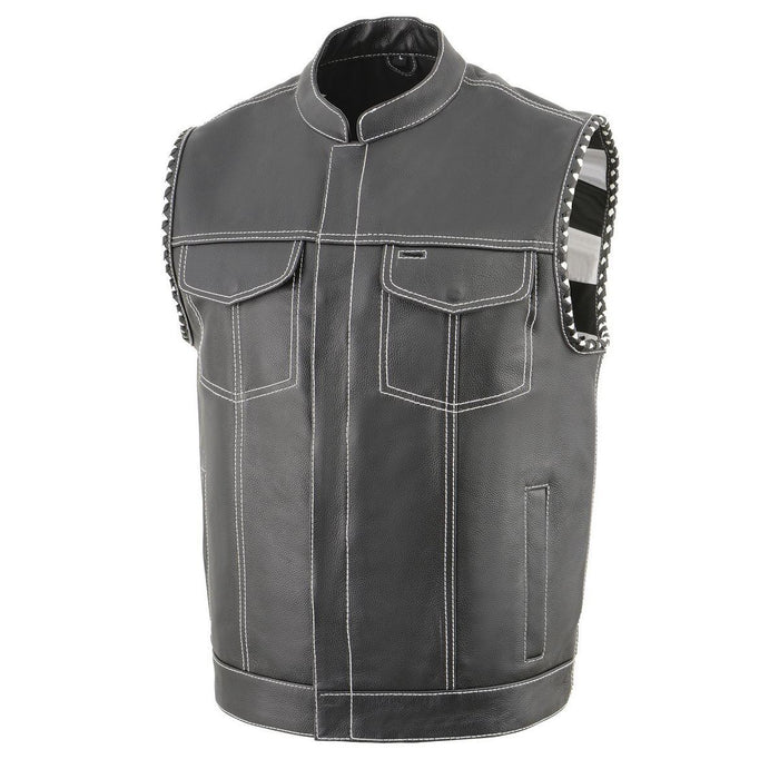 Men’s ‘Old Glory’ Black Leather Vest with White Stitching and Laced Arm Holes