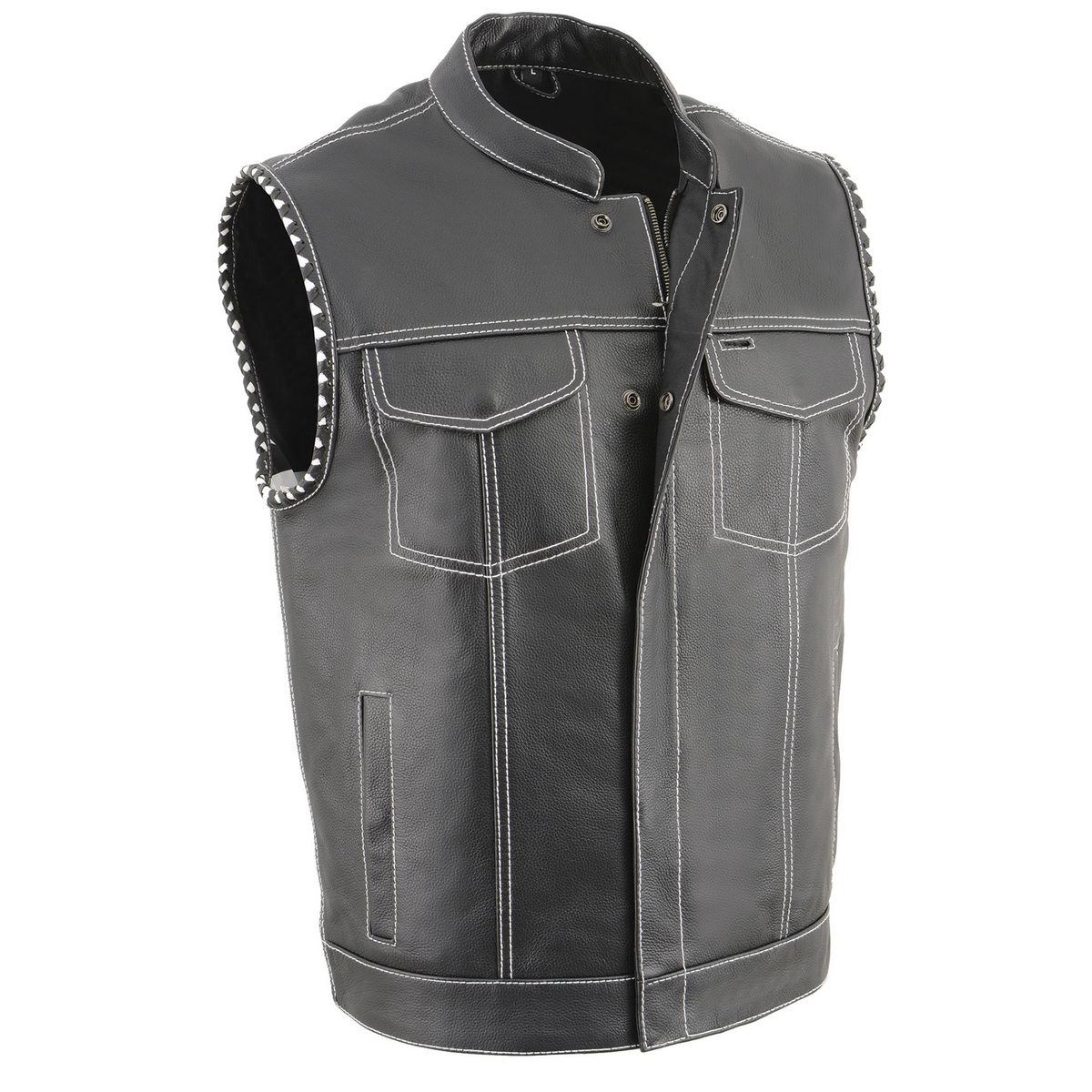 Men’s ‘Old Glory’ Black Leather Vest with White Stitching and Laced Arm Holes