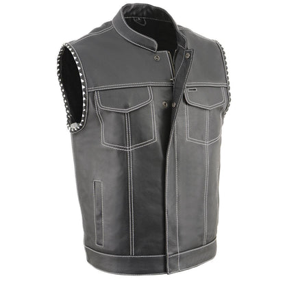 Men’s ‘Old Glory’ Black Leather Vest with White Stitching and Laced Arm Holes