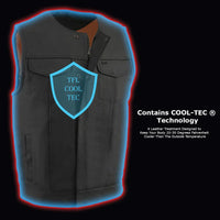 Men's 'Cool-Tec' Black Leather Collarless Motorcycle Club Style Vest