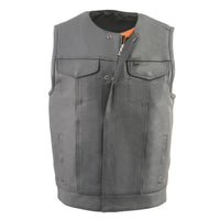 Men's 'Cool-Tec' Black Leather Collarless Motorcycle Club Style Vest