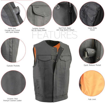 Men's 'Cool-Tec' Black Leather Collarless Motorcycle Club Style Vest