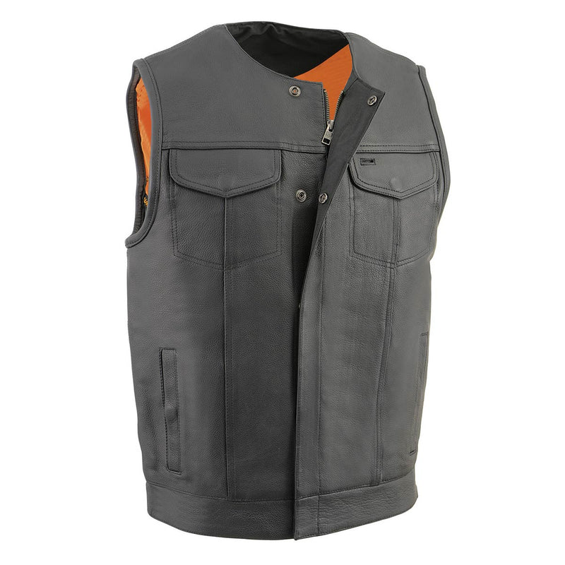 Men's 'Cool-Tec' Black Leather Collarless Motorcycle Club Style Vest