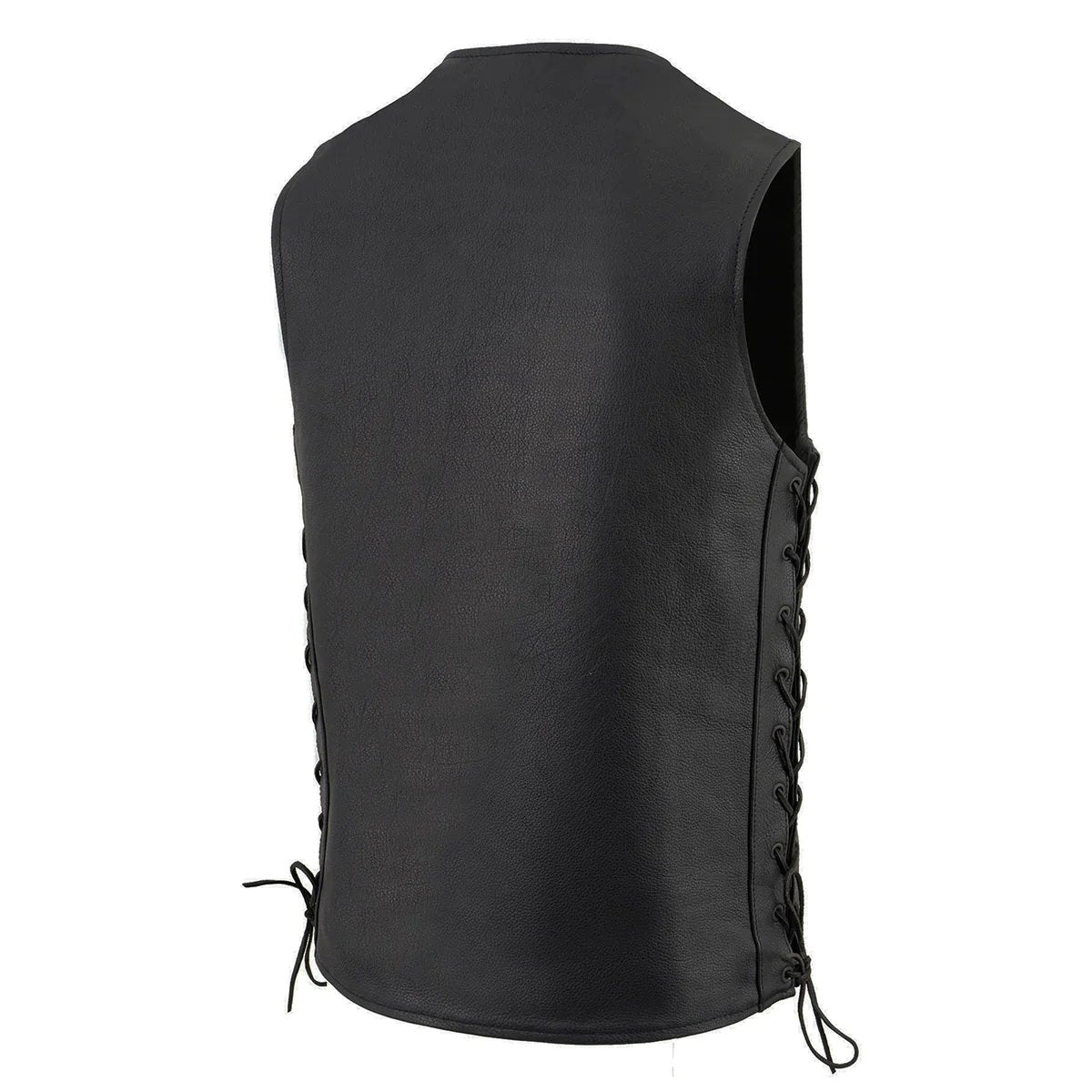 Men's Black Straight Bottom Side Lace Motorcycle Leather Vest