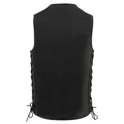 Men's Black Straight Bottom Side Lace Motorcycle Leather Vest