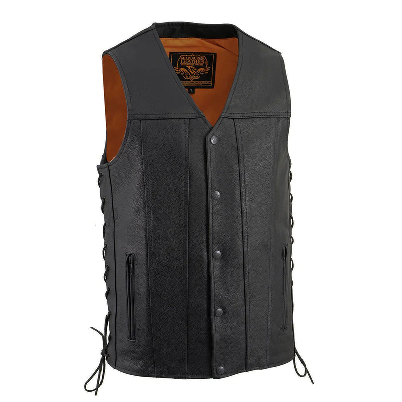 Men's Black Straight Bottom Side Lace Motorcycle Leather Vest
