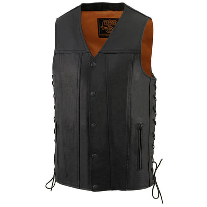 Men's Black Straight Bottom Side Lace Motorcycle Leather Vest