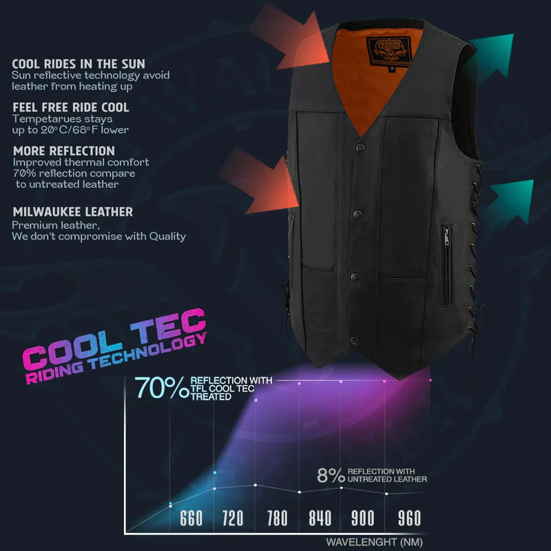 Men's Roulette Black 10 Pocket Motorcycle Leather Vest w/ Cool-Tec