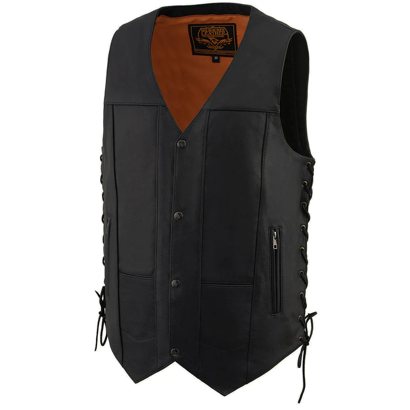 Men's Roulette Black 10 Pocket Motorcycle Leather Vest w/ Cool-Tec