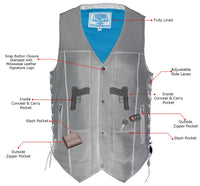Men's Roulette Black 10 Pocket Motorcycle Leather Vest w/ Cool-Tec