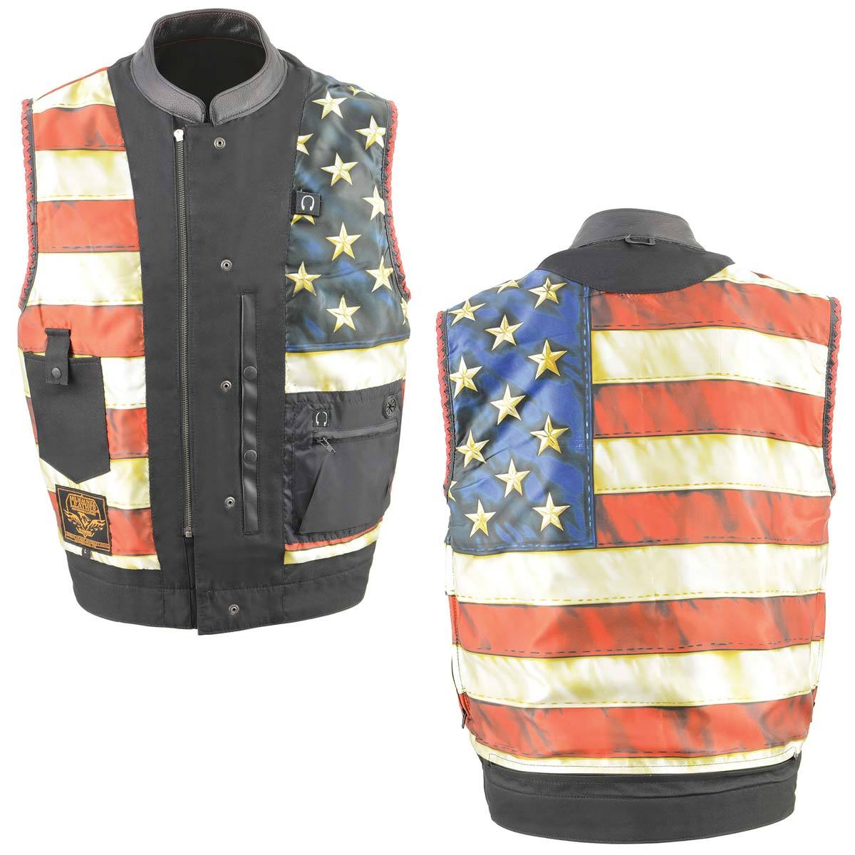 Men’s ‘Old Glory’ Black Leather with Red Stitching Vest and Laced Arm Holes