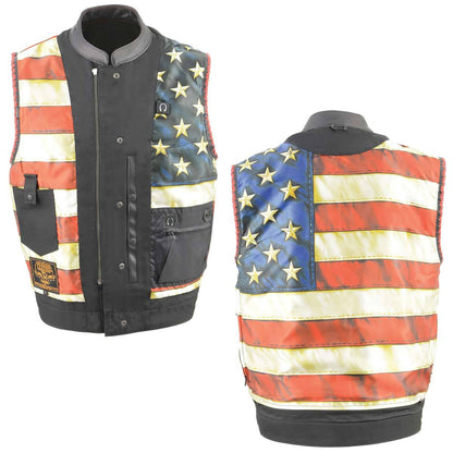 Men’s ‘Old Glory’ Black Leather with Red Stitching Vest and Laced Arm Holes